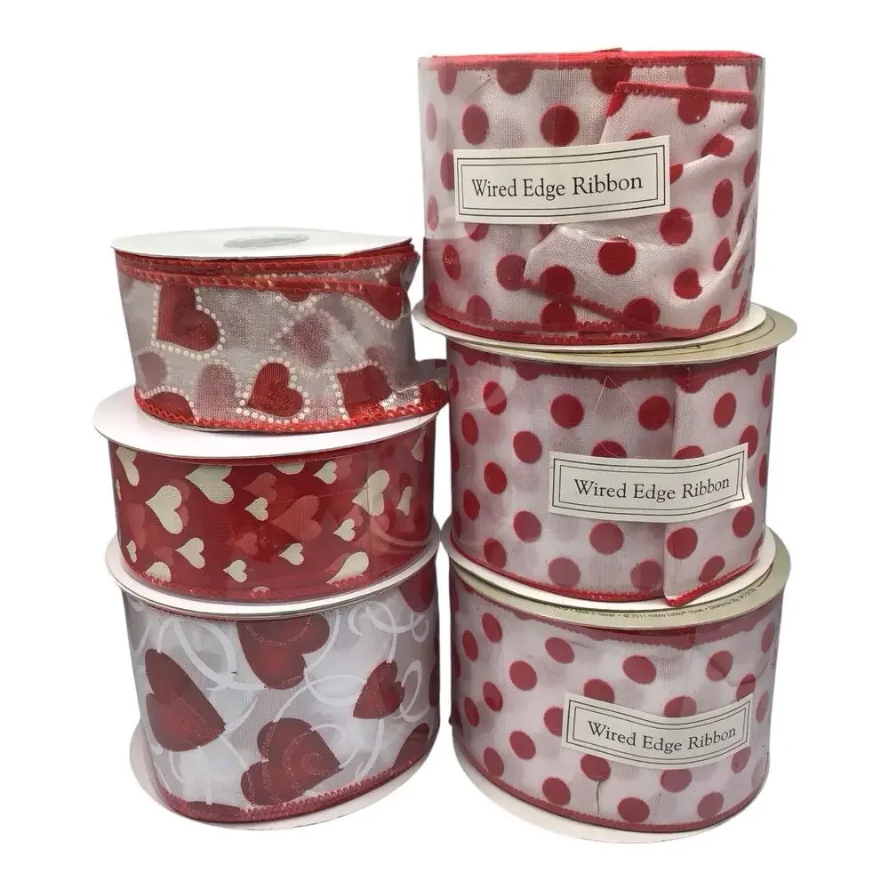 Valentine Ribbon Lot Red White Hearts Polka Dot Wired Craft Decor 6 Rolls